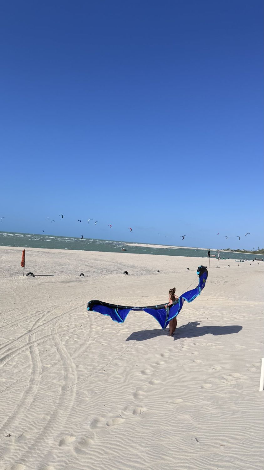 Kite azul pousado na areia branca da praia