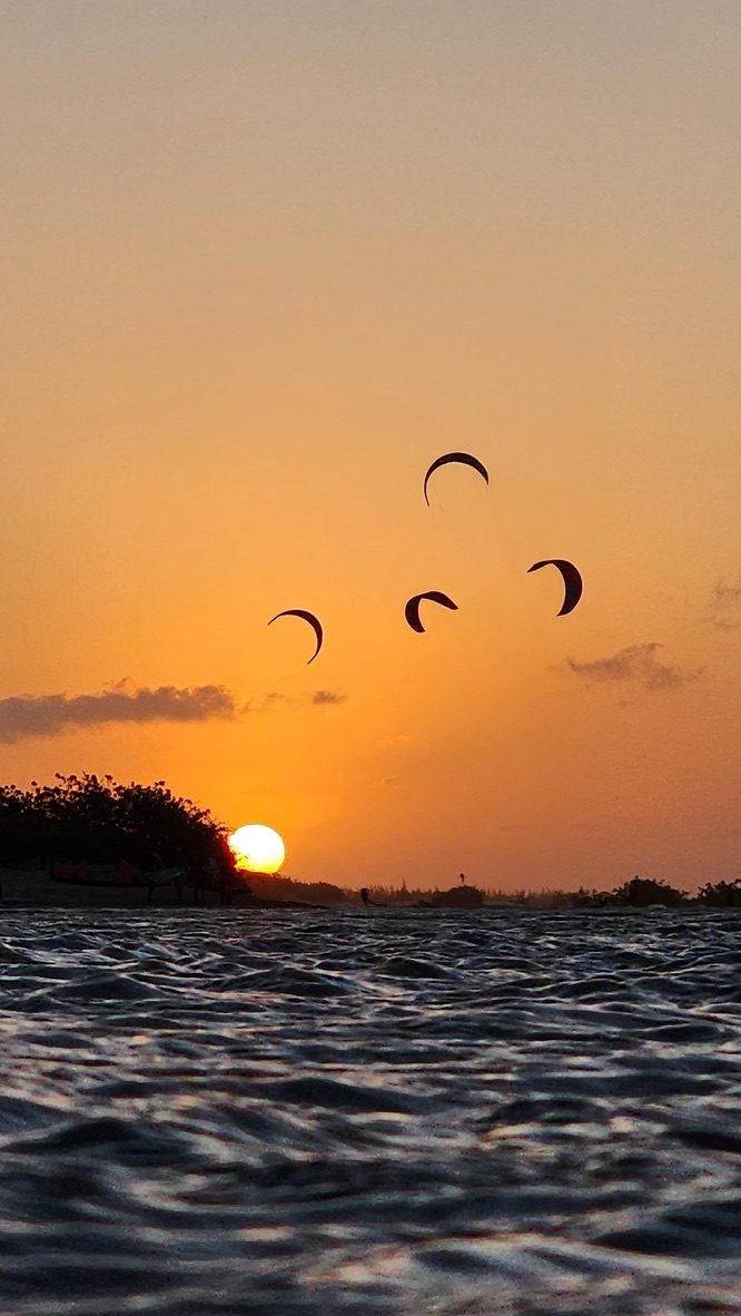 Kites no céu alaranjado do pôr do sol em Tatajuba